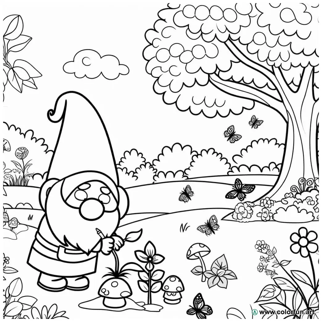 Coloring page of a gnome in the garden download or print for free