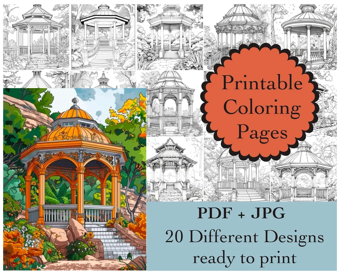 Gazebo coloring book 20 s instant download