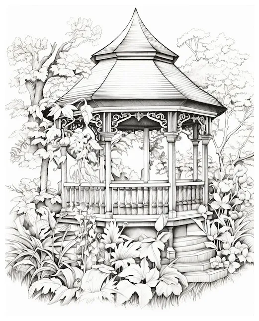 Premium coloring page with a gazebo