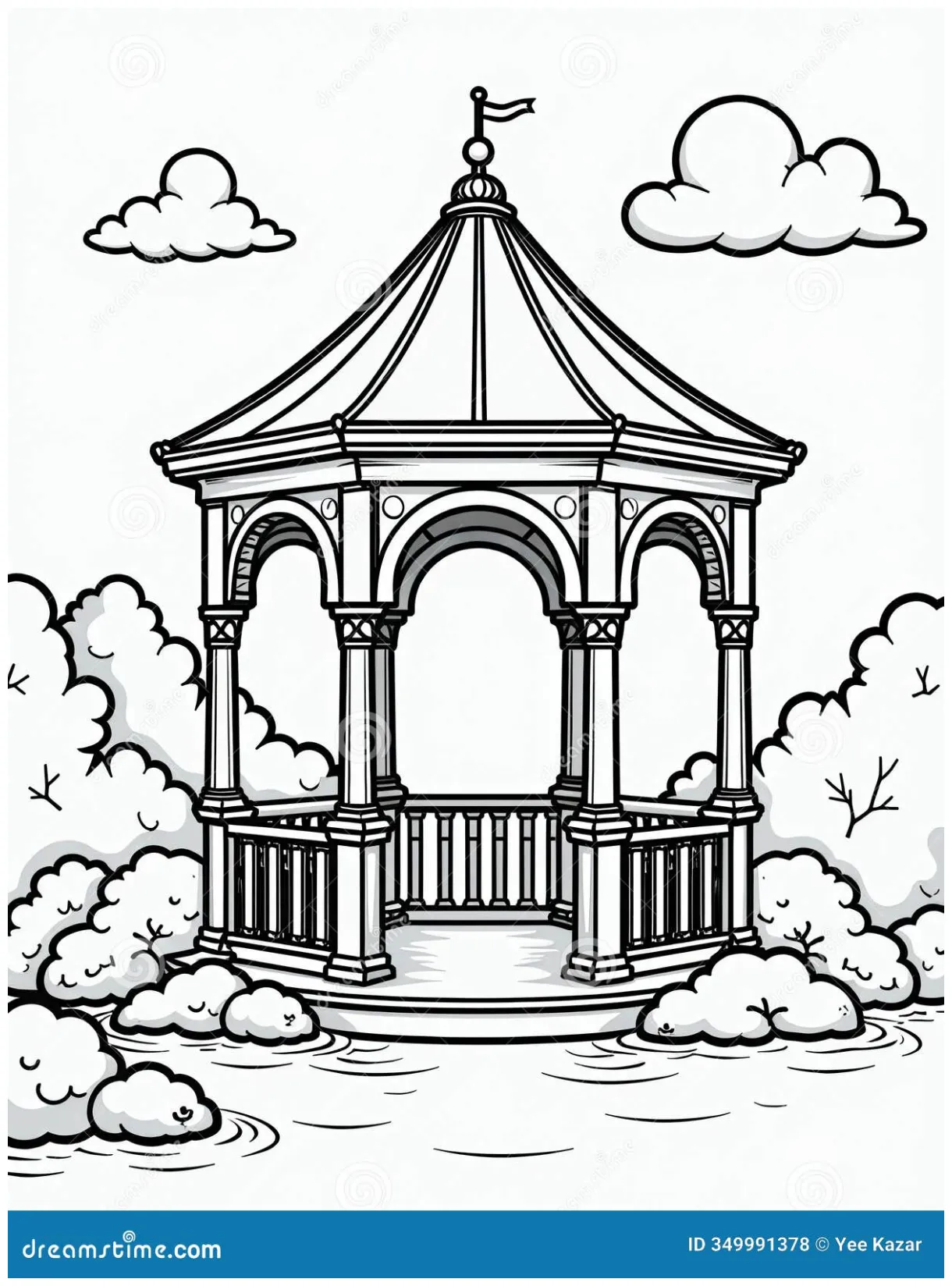Elegant gazebo by the pond coloring page stock illustration
