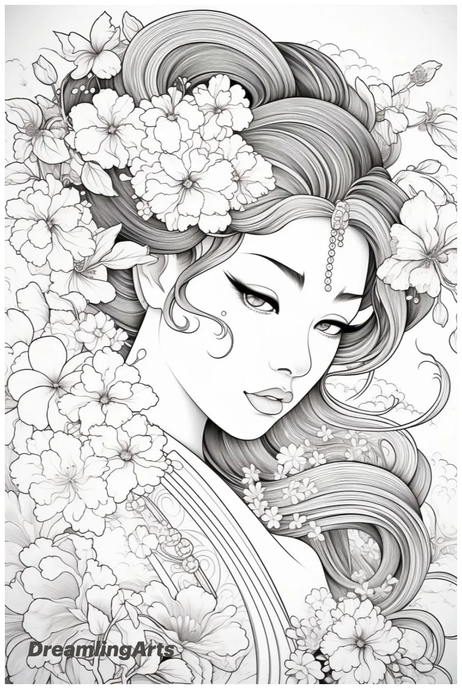 Adult coloring pages, geisha art, adult coloring