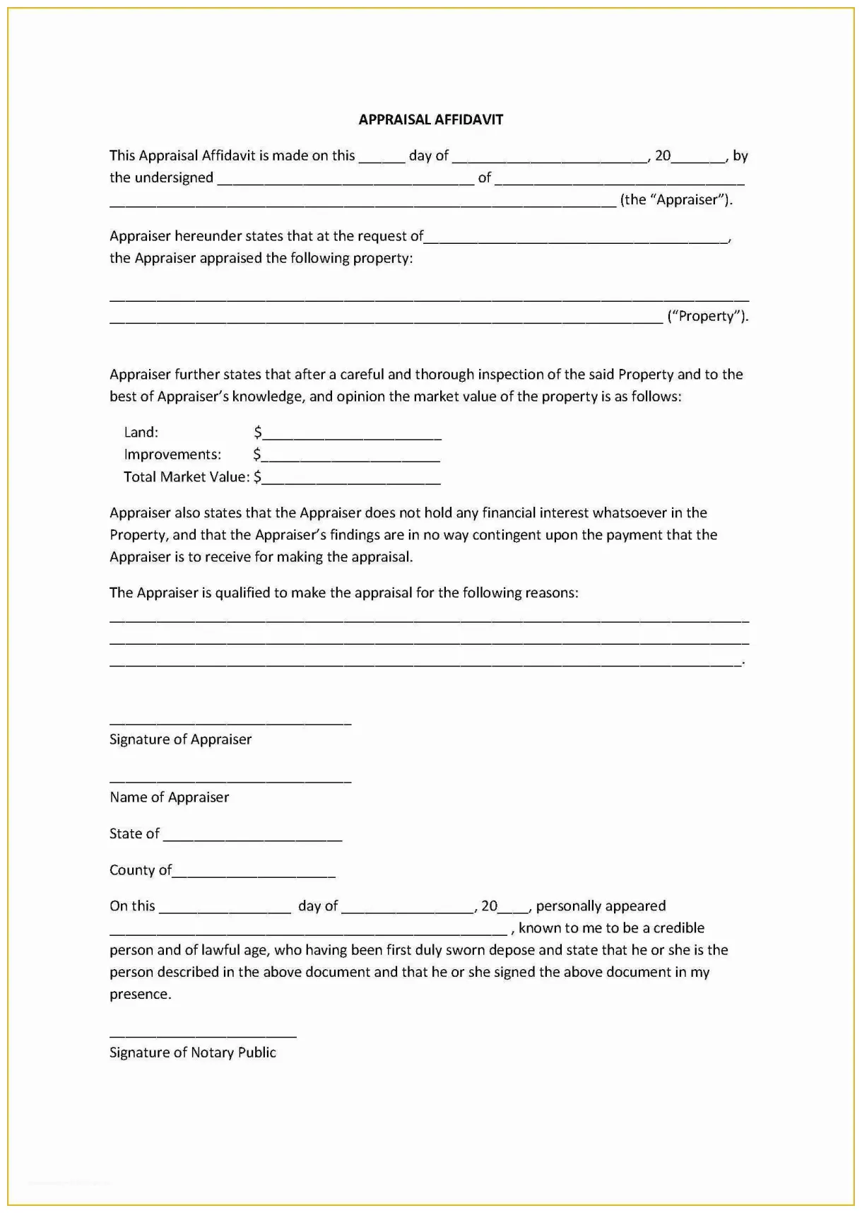Free general affidavit template of appealing appraisal affidavit form