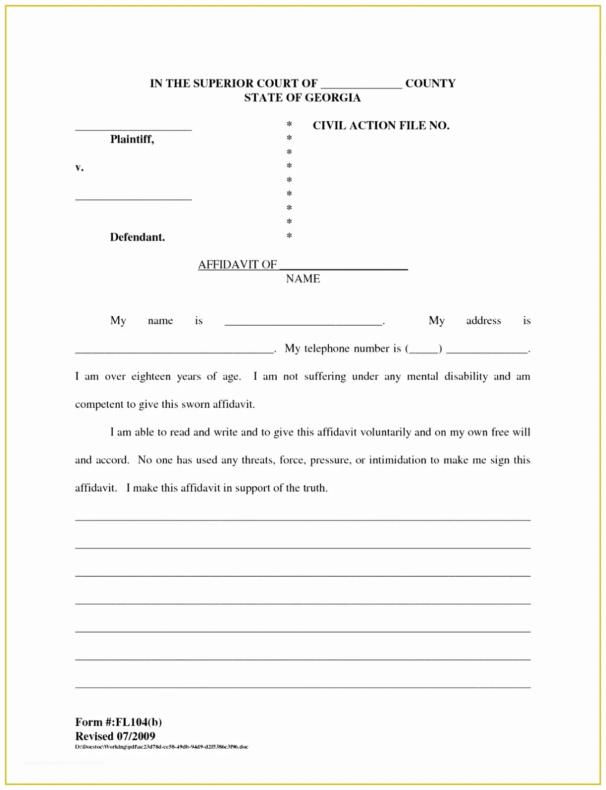 Free general affidavit template of 6 affidavit form template in word