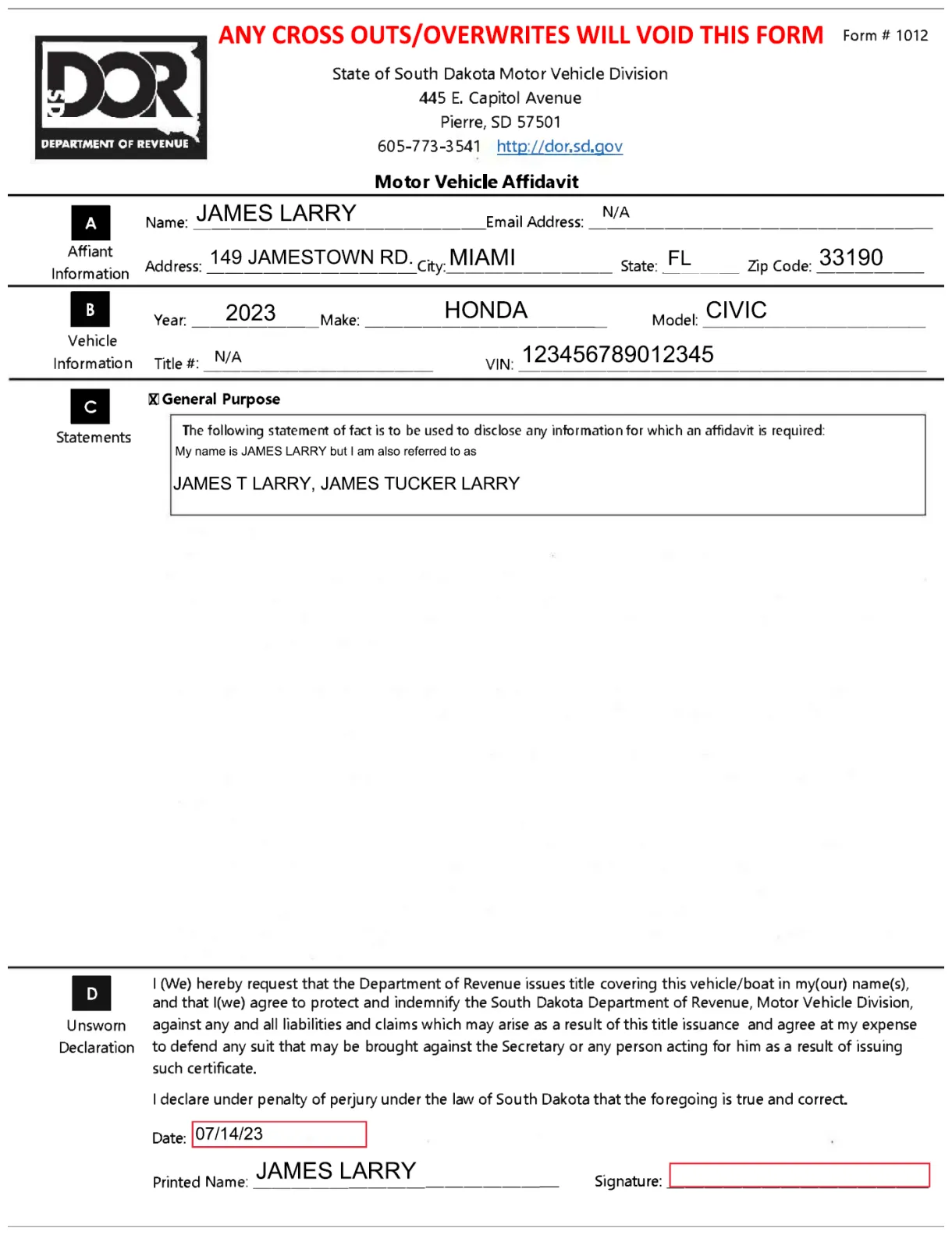 General affidavit south dakota — dirt legal printable coloring page