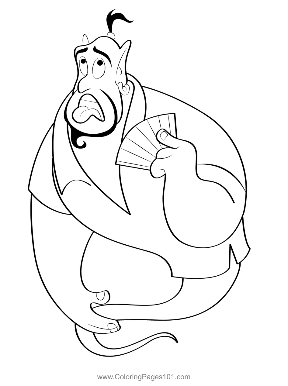 Genie feeling hot coloring page for kids free aladdin printable