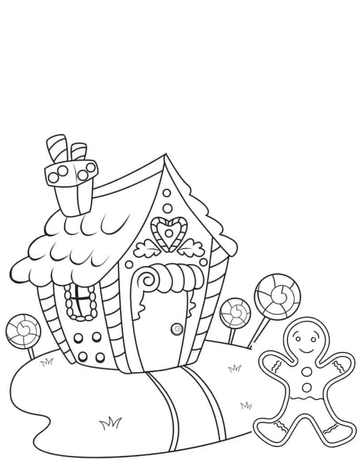 Smiling gingerbread man with gingerbread houses coloring page