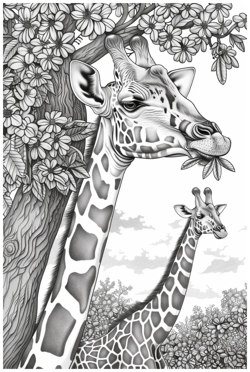 Beautiful giraffe eating leaves from a tree coloring page free