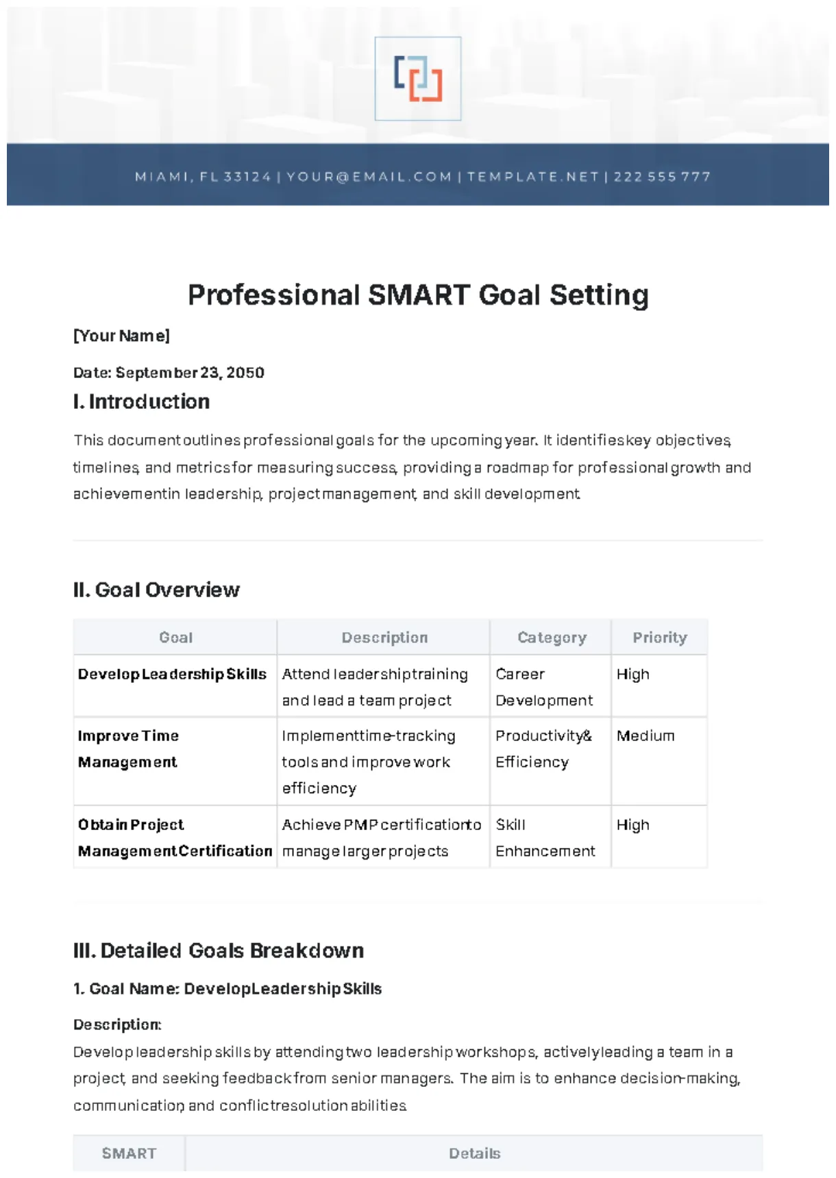 Free Professional Goal Setting Template to Edit Online