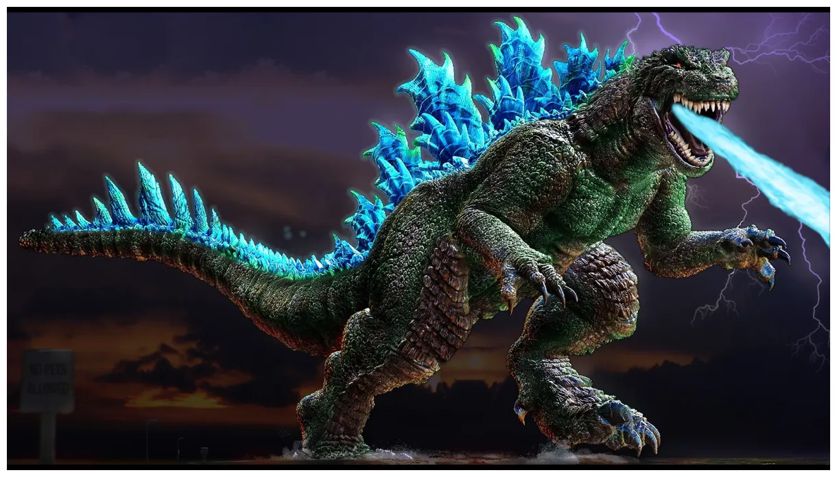 Godzilla is throwing blue flame fire from mouth with of