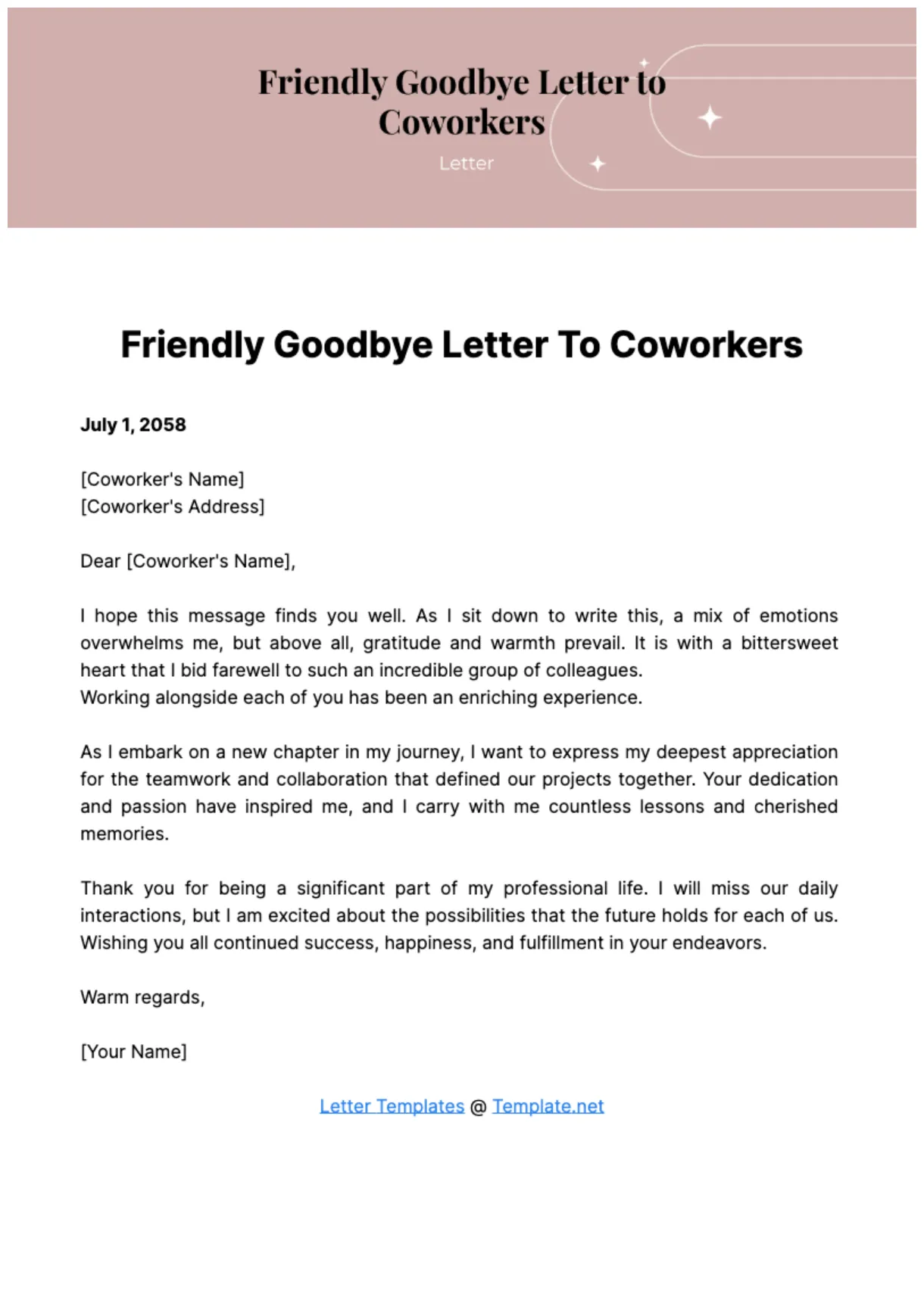 Free friendly goodbye letter to coworkers template to edit online