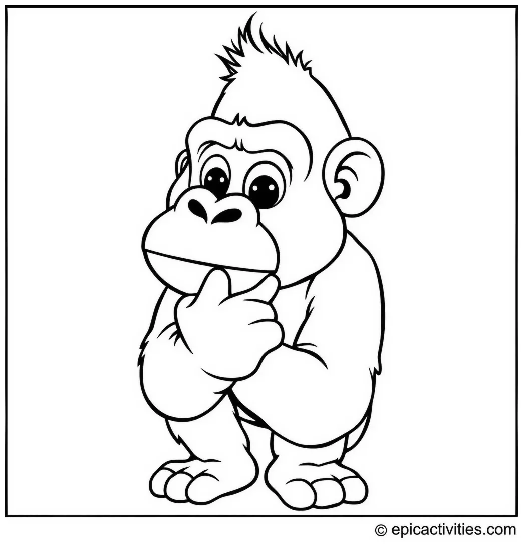 Coloring page of a thoughtful cartoon gorilla minimalist design