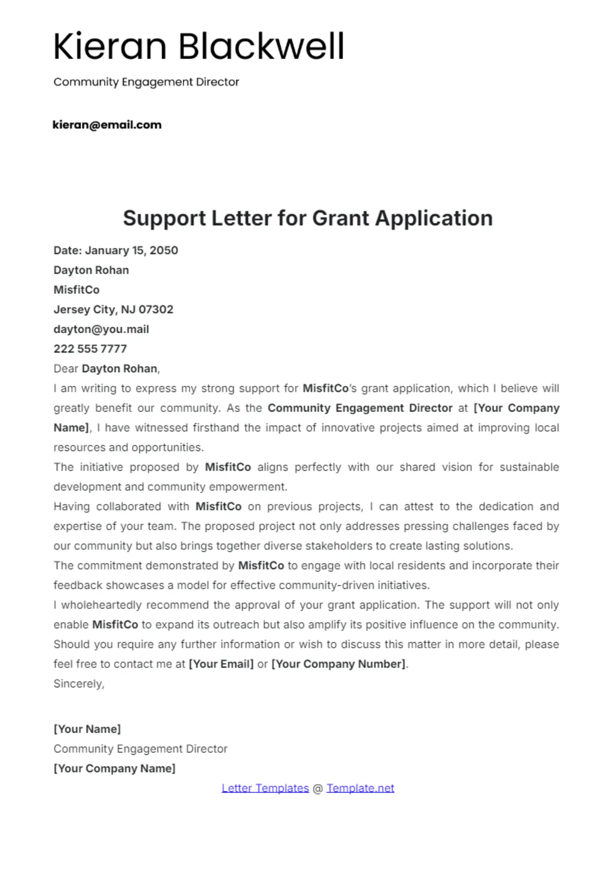 Free grant application support letter template to edit online