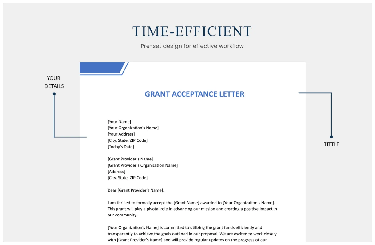 Grant acceptance letter in word, google docs download template