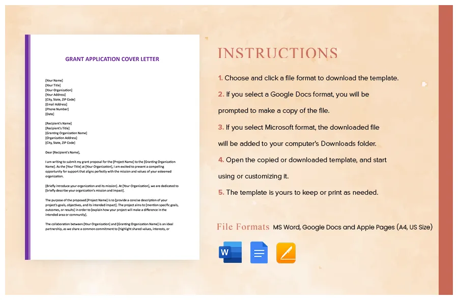 Grant application cover letter in word, google docs, pages download