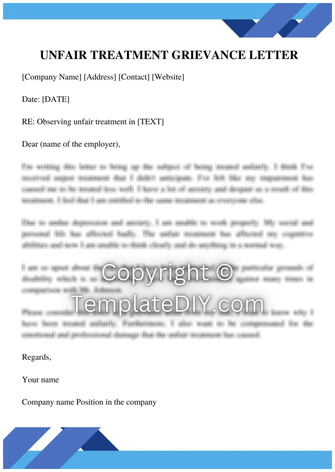 Unfair treatment template examples