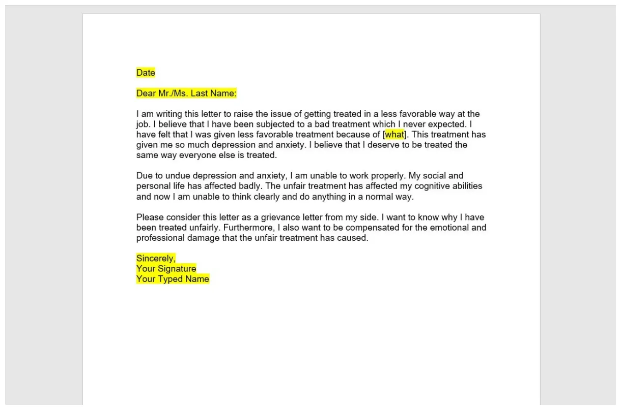 Grievance letter template unfair treatment letter grievance etsy finland