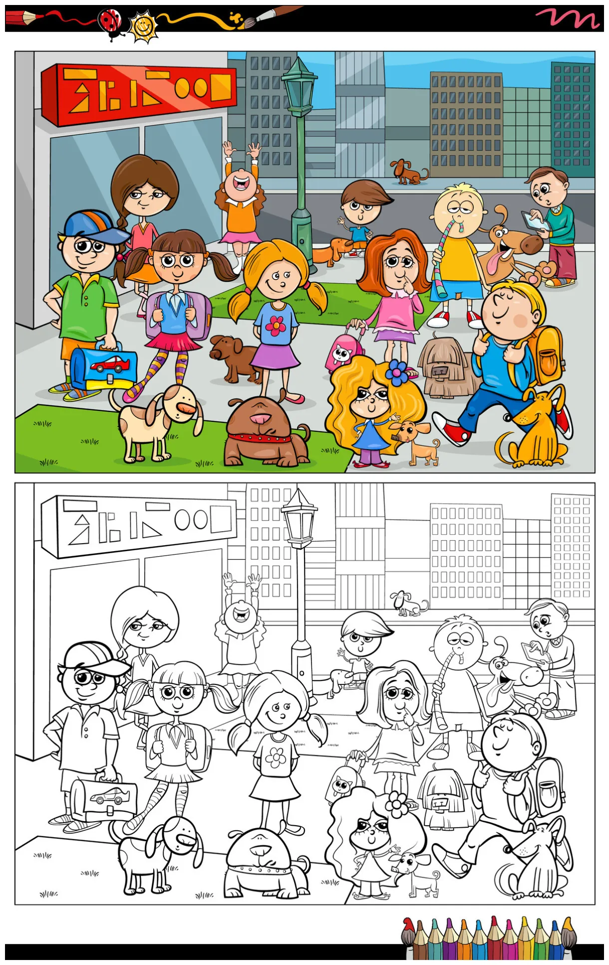 Cartoon children and dogs characters group coloring page 32415247