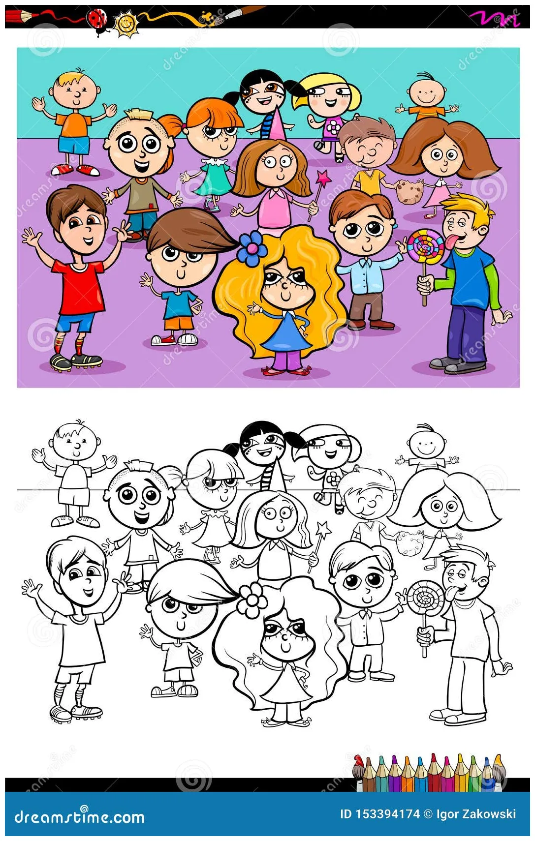 Happy kids characters group coloring book stock vector illustration printable coloring page