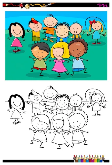 Premium vector happy children characters group coloring book
