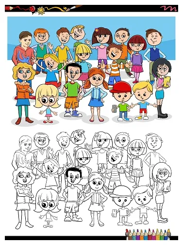 Cartoon children characters group coloring book page stock illustration
