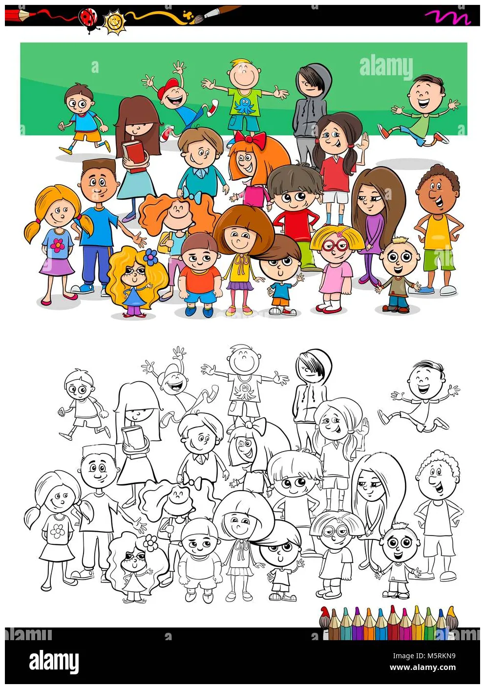 Cartoon illustration of kids characters group coloring book activity