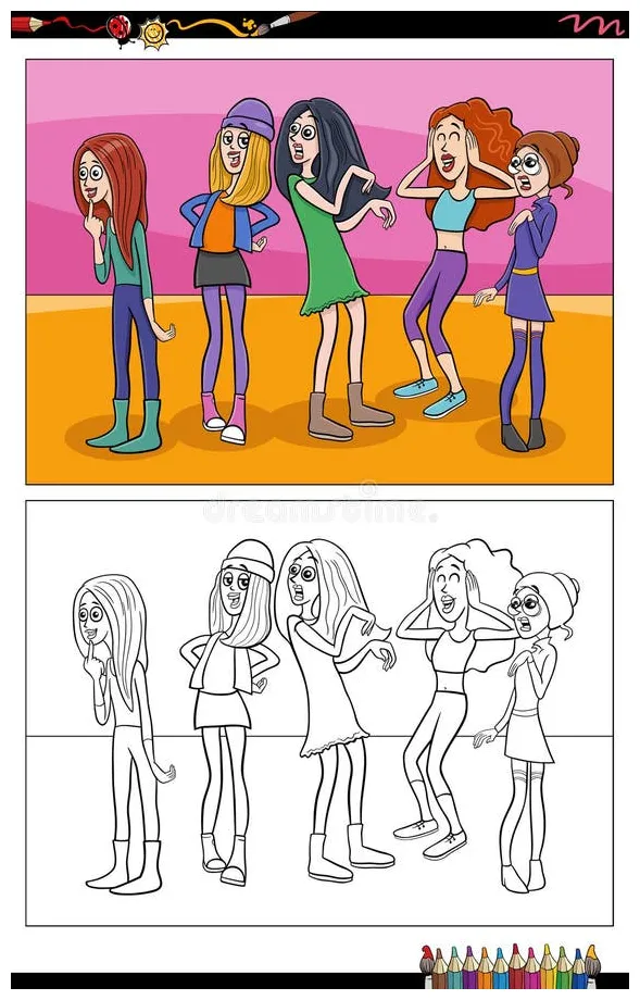 Cartoon women characters group coloring page stock vector