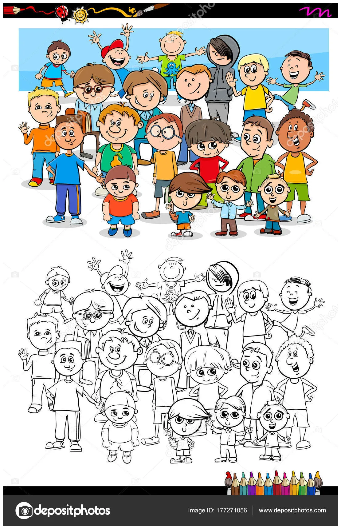 Boys characters group coloring book stock vector by ©izakowski