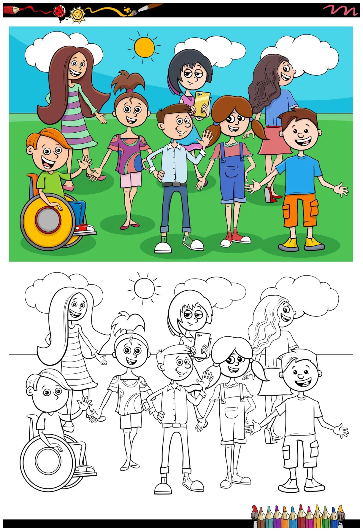 Cartoon children characters group coloring book page 1921907 vector art printable coloring page