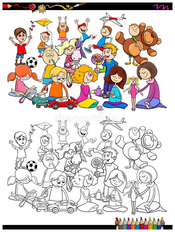 Playful children characters group coloring book stock vector