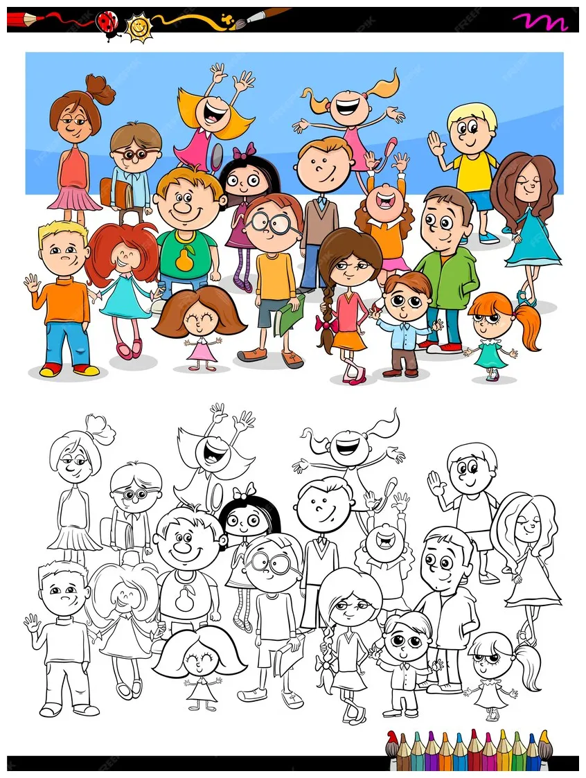 Premium vector happy children characters group coloring book