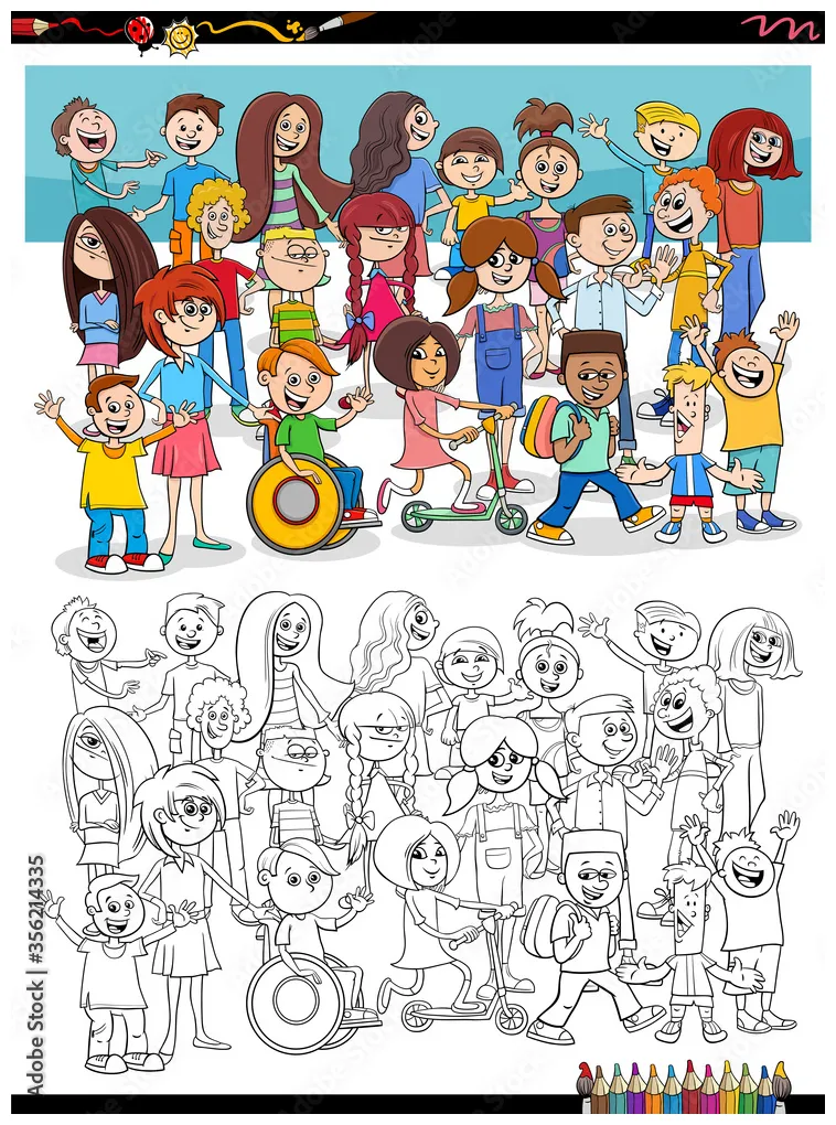 Cartoon kids characters group coloring book page stock vector adobe stock