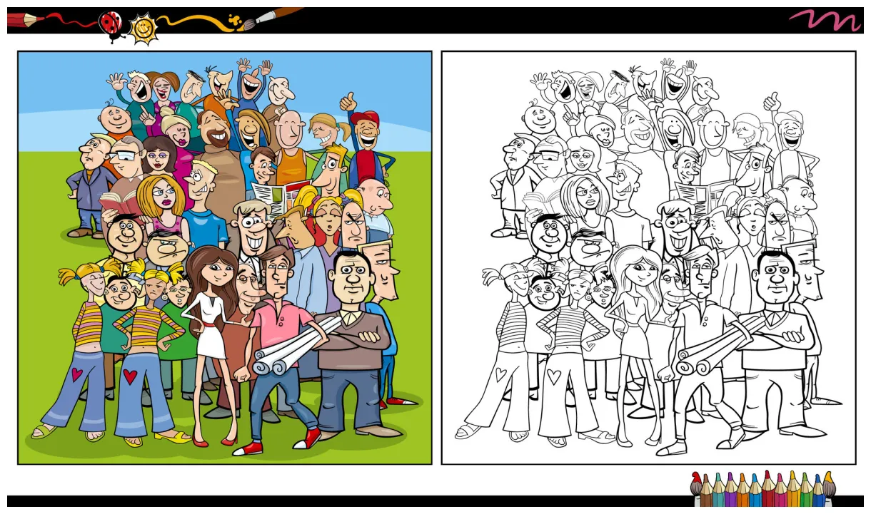 Crowd of funny comic people characters group coloring page 31615466