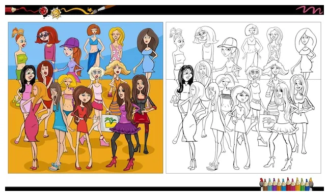 Premium vector comic women characters group coloring page