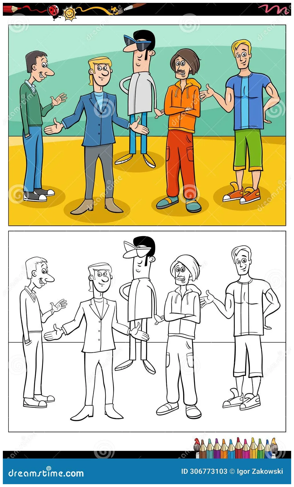 Cartoon young guys characters group coloring page stock vector