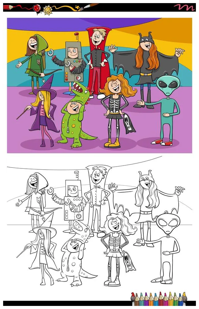 Cartoon halloween characters group coloring book page 1417764 vector