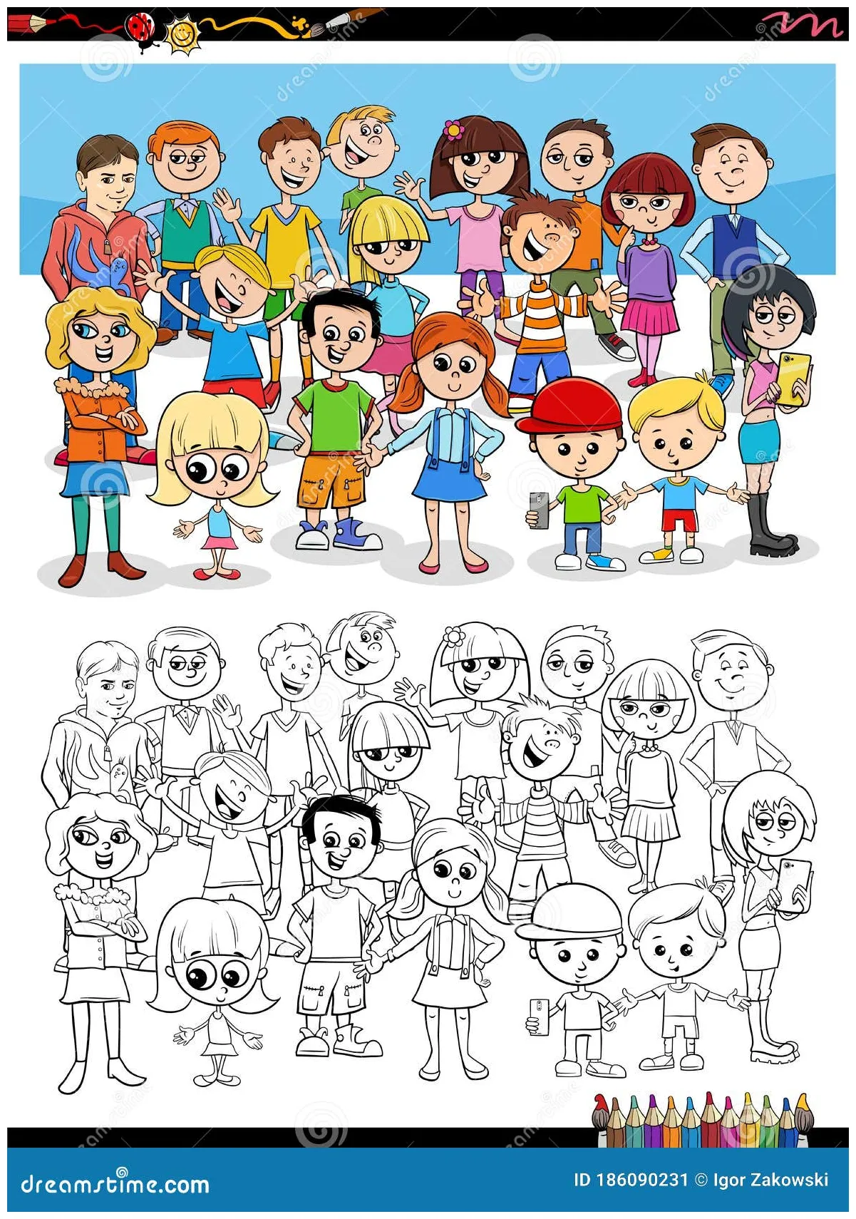 Cartoon children characters group coloring book page stock vector