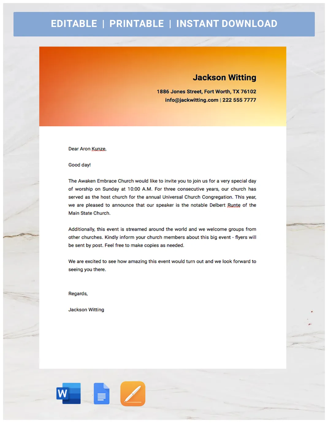 Church invitation letters for guest speaker google docs, word, apple