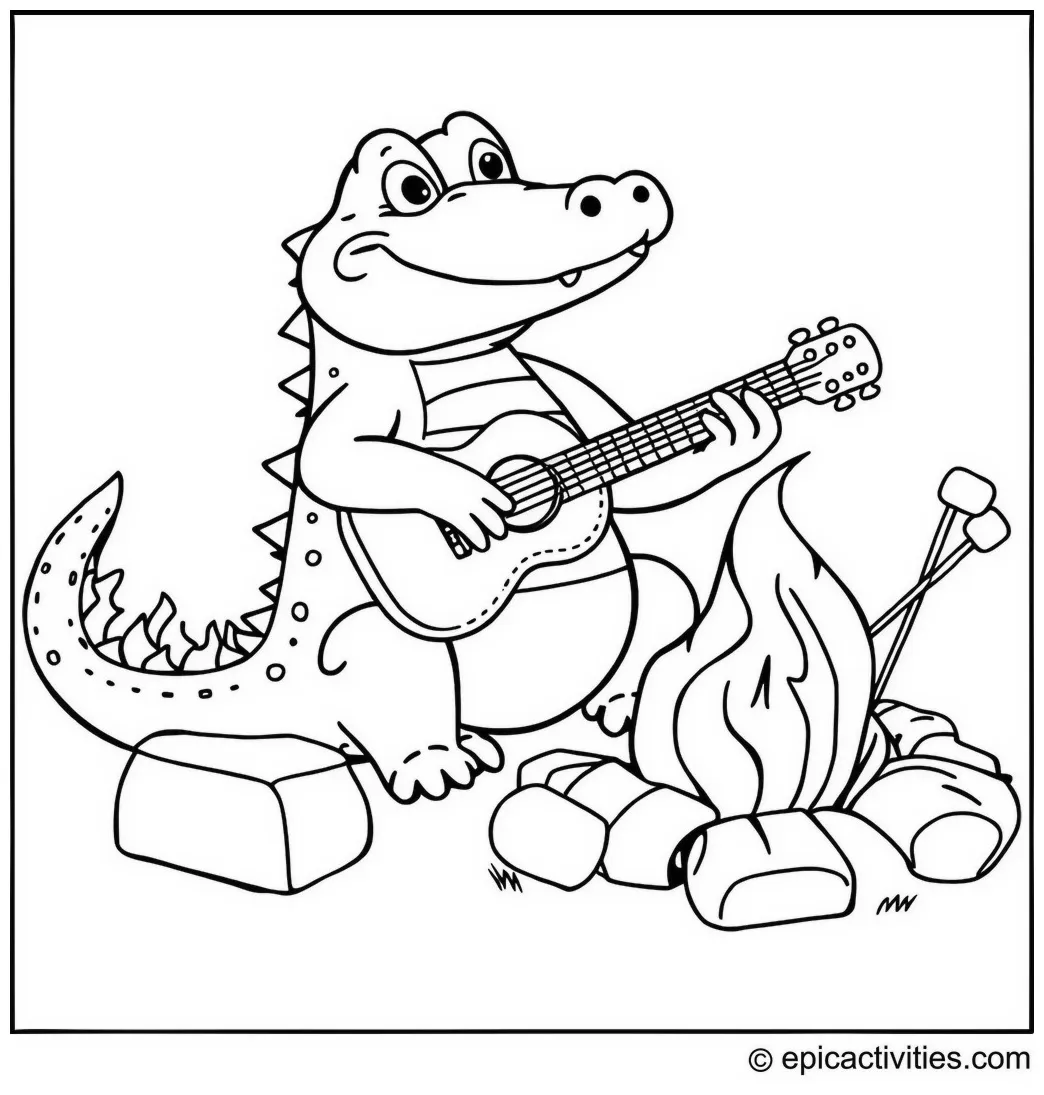 Coloring page of an alligator playing guitar at a campfire