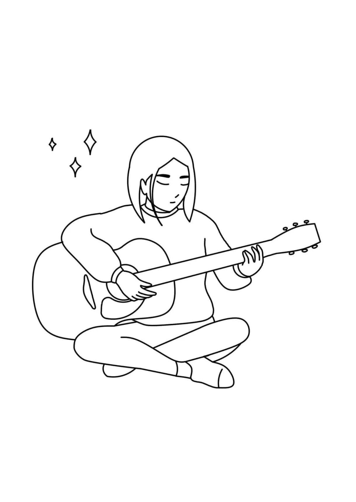 Anime girl playing acoustic guitar coloring page download, print or