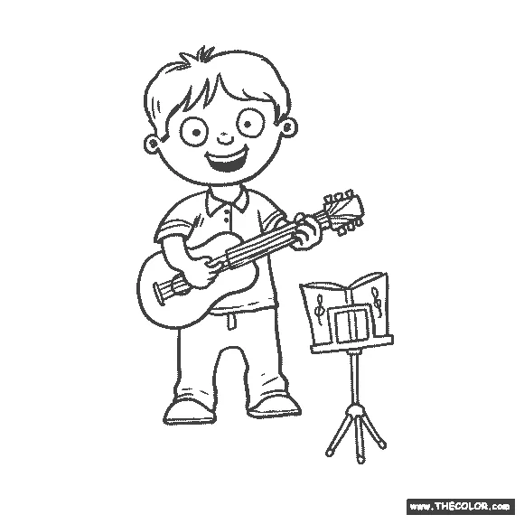 Boy playing guitar coloring page