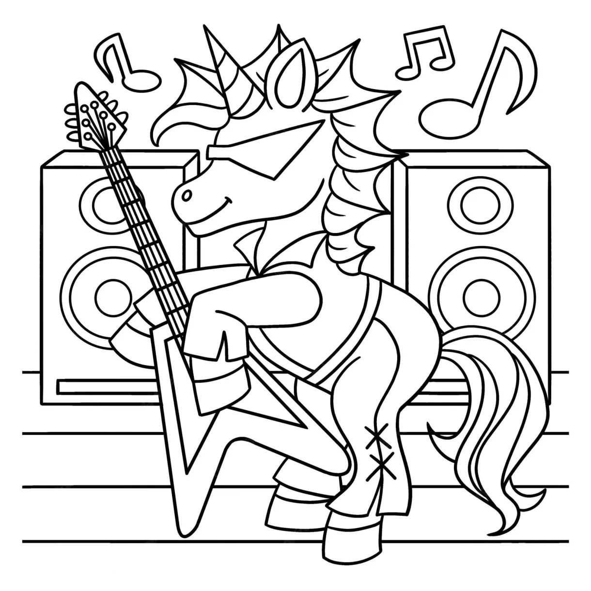 Cool unicorn playing guitar coloring page download, print or color