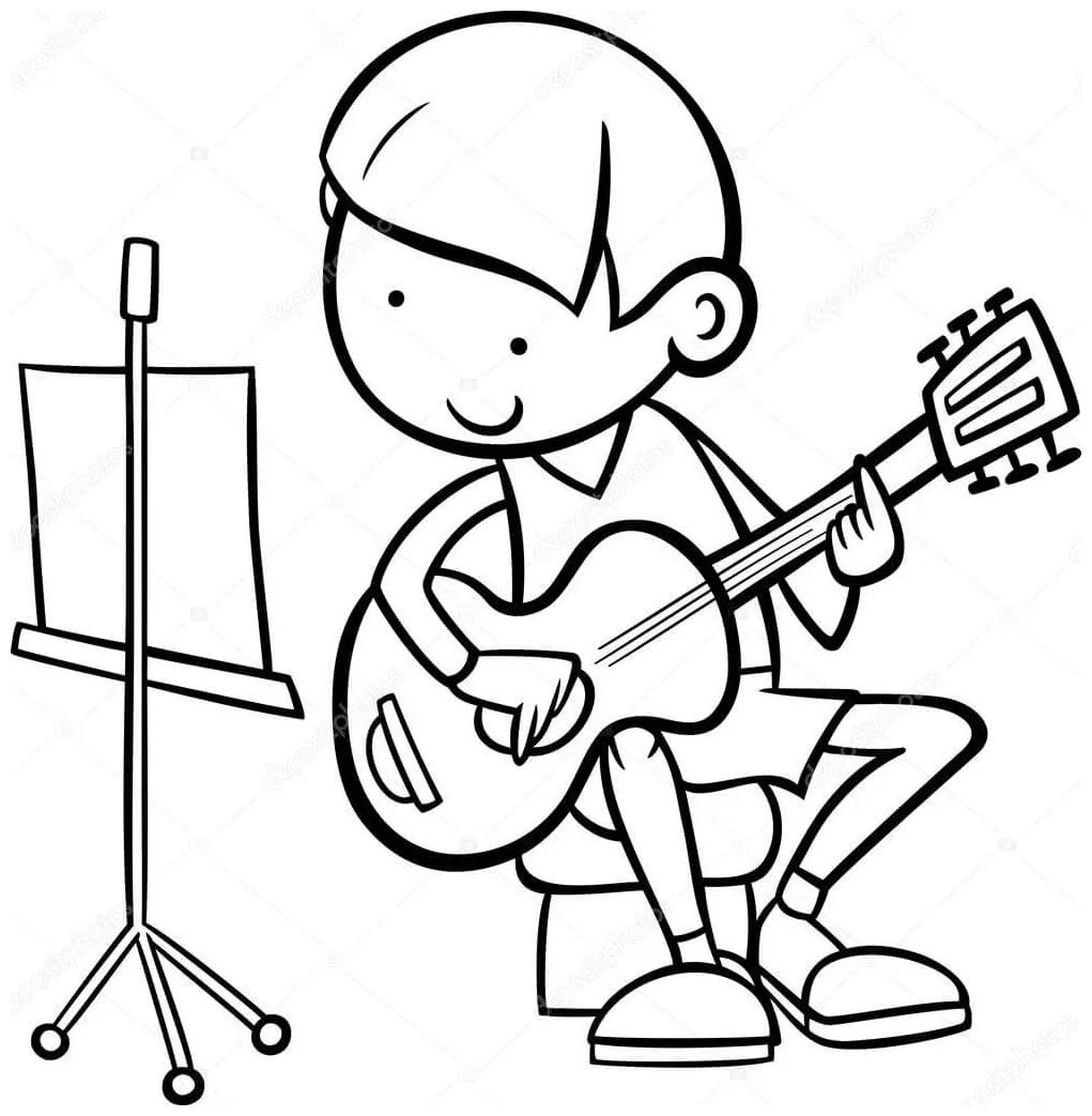 Smiling boy playing guitar coloring page download, print or color