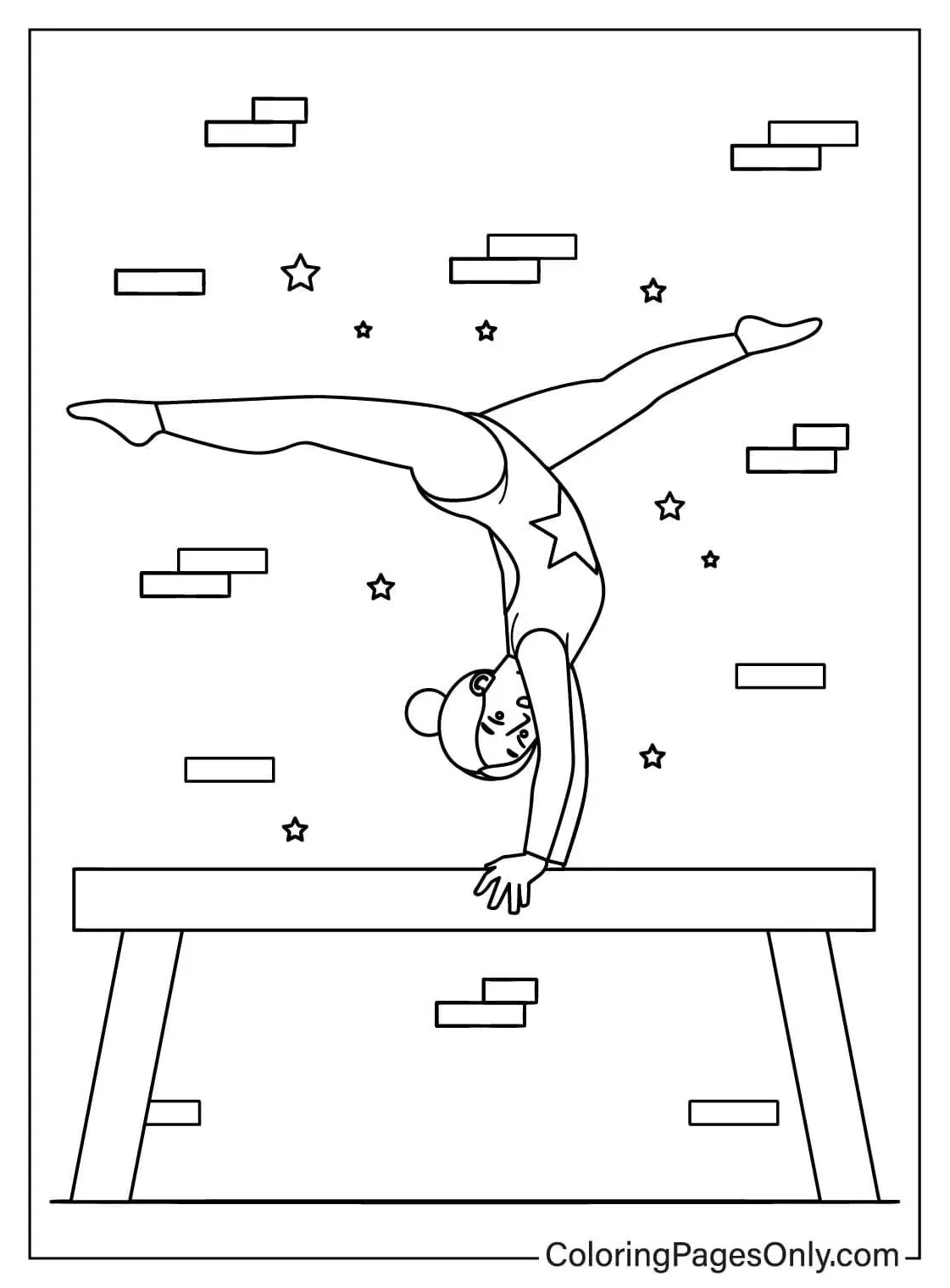 Female gymnast somersaulting on a balance beam free printable coloring