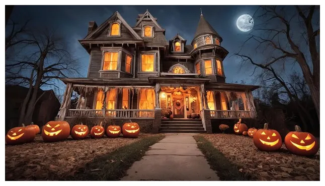 Spooky halloween magic kids haunted houses creepy jackolanterns and