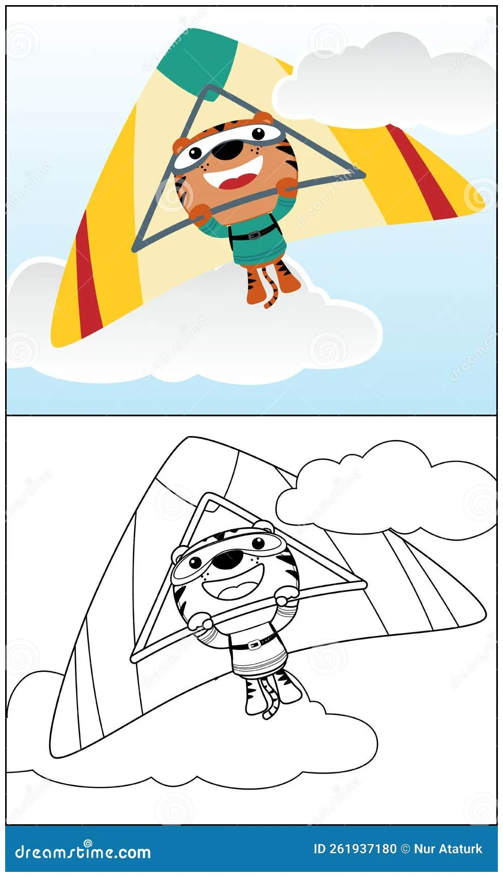 Cute tiger cartoon riding hang glider, coloring book or page stock