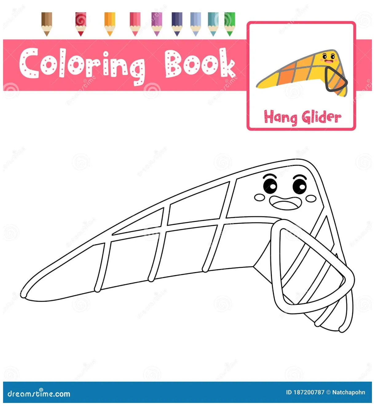 Coloring page hang glider cartoon character perspective view vector