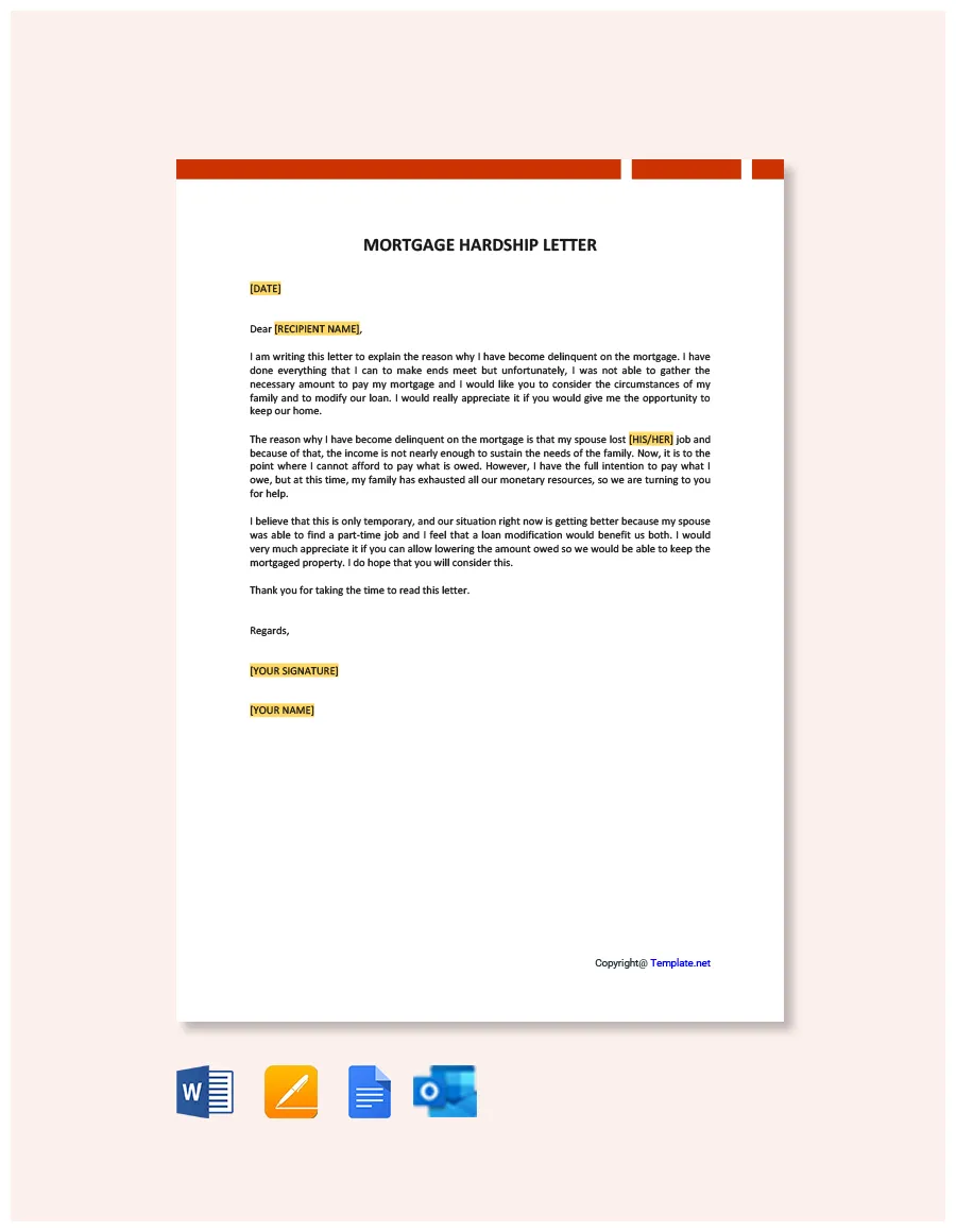 Mortgage hardship letter in google docs, pages, word, outlook, pdf printable coloring page