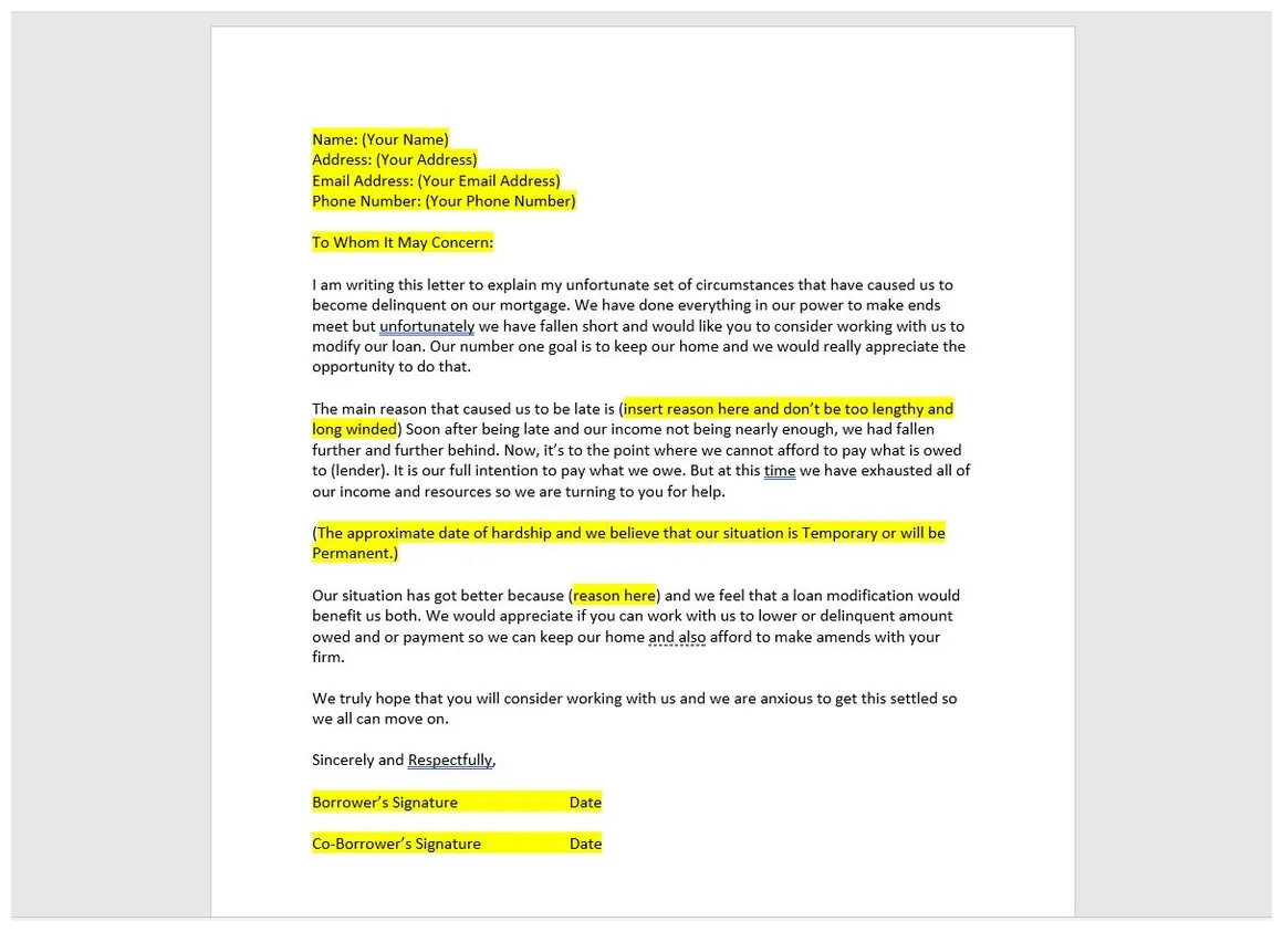 Mortgage loan hardship request letter template, mortgage loan hardship
