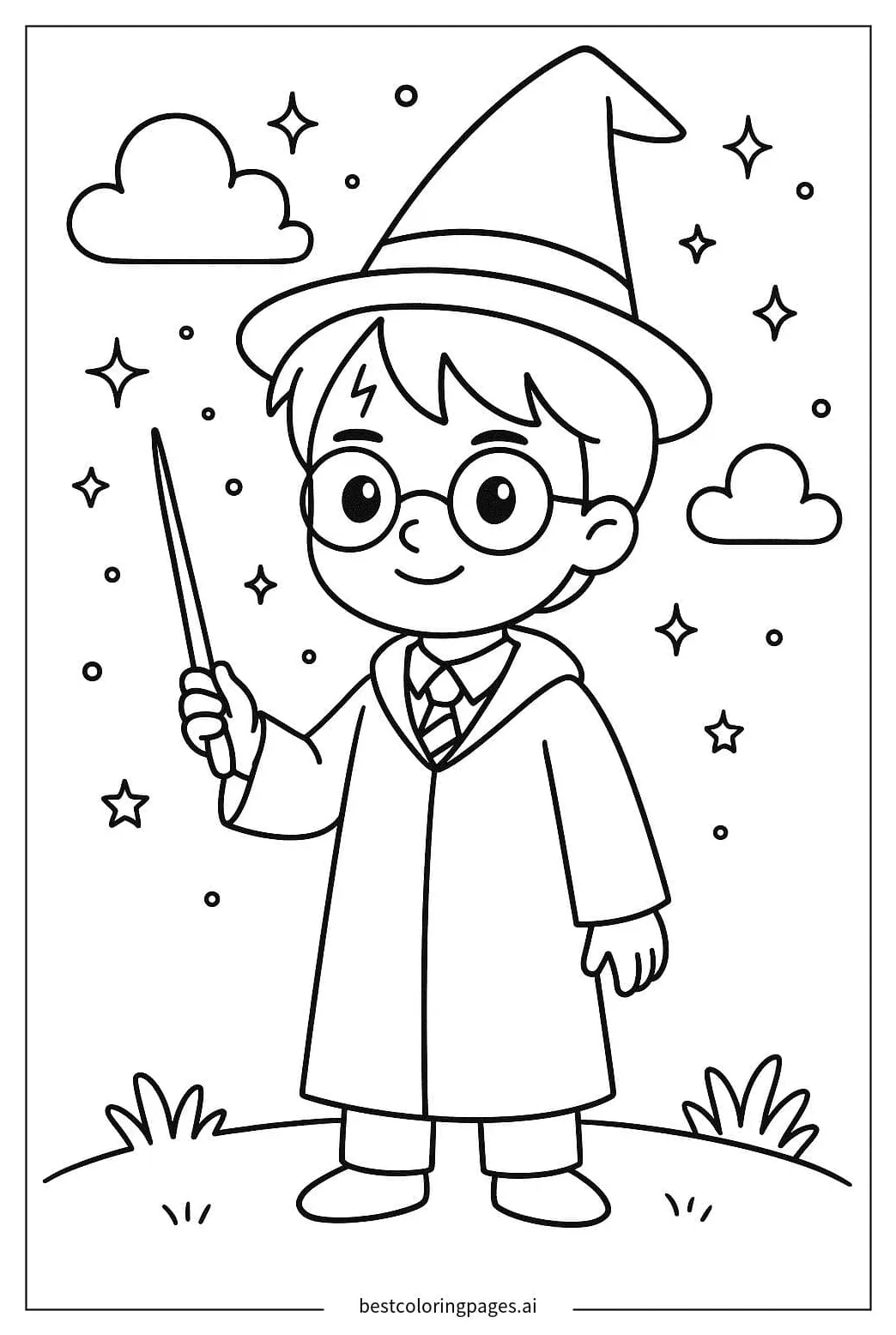 Harry potter holding a wand coloring page free printable