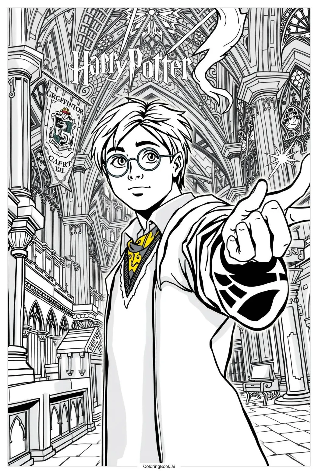 Harry potter casting a spell with his wand coloring page free pdf&png